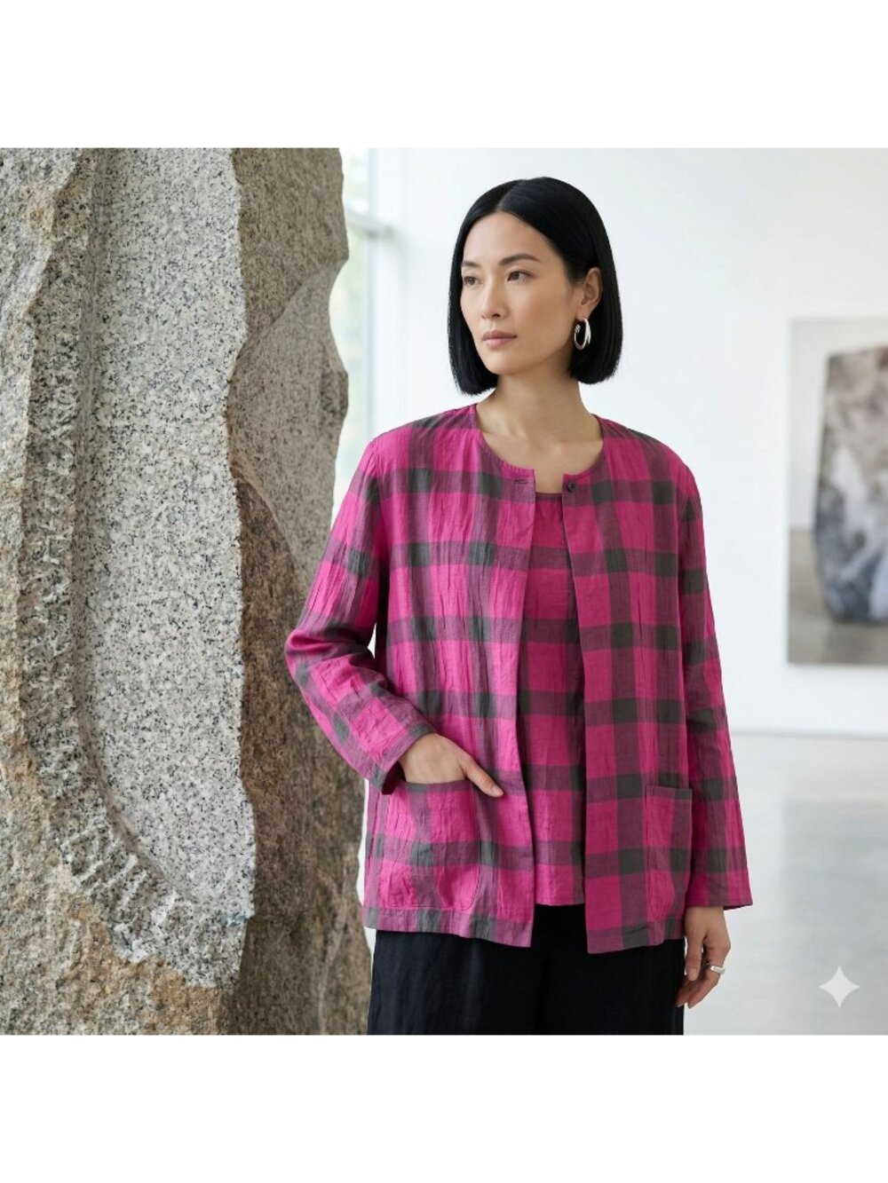 Vintage 1980s Hanae Mori Pink Plaid Linen Blouse and Jacket Set Womens Size 12